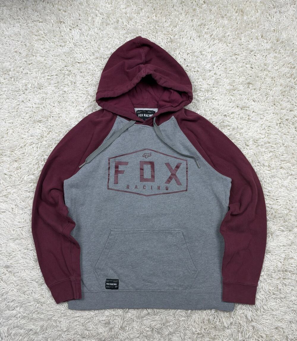 Fox Racing Hoodie Mens Medium Gray Burgundy Raglan Pullover Sweatshirt Moto Logo